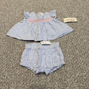 Cat & Jack Baby Girls Size 0-3M Blue Stripe Floral Smocked Top & Bloomer Set NWT